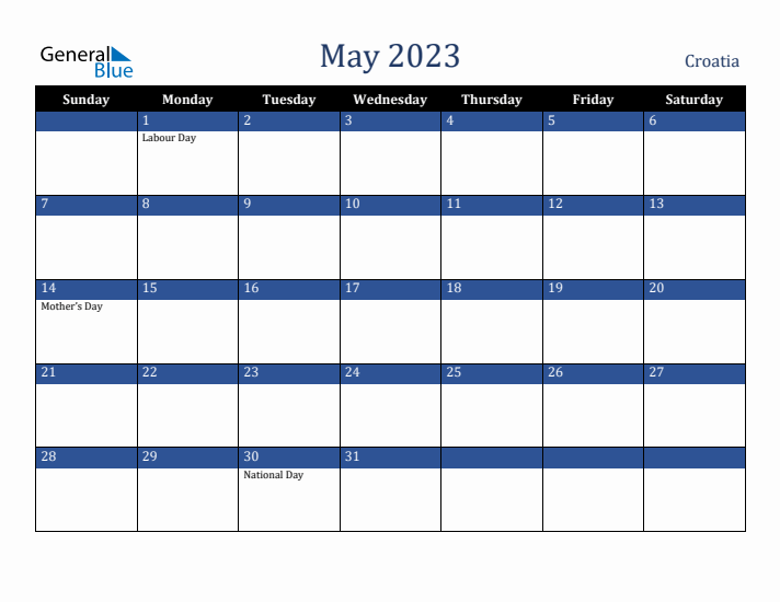 May 2023 Croatia Calendar (Sunday Start)