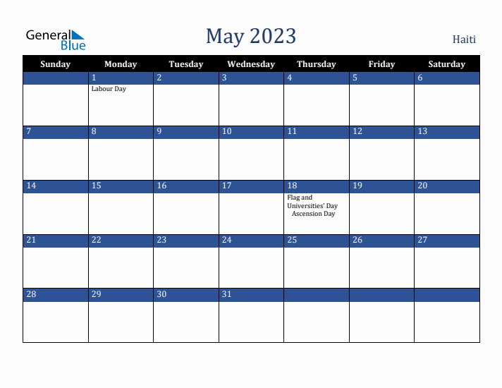 May 2023 Haiti Calendar (Sunday Start)