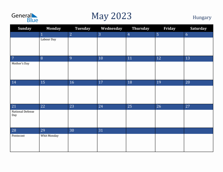 May 2023 Hungary Calendar (Sunday Start)