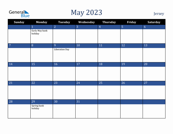 May 2023 Jersey Calendar (Sunday Start)