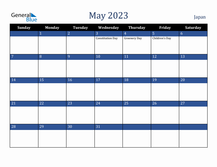 May 2023 Japan Calendar (Sunday Start)