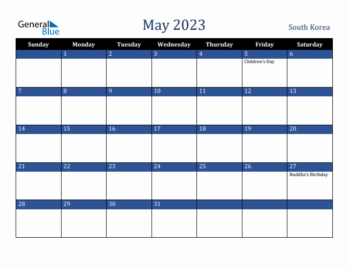 May 2023 South Korea Calendar (Sunday Start)