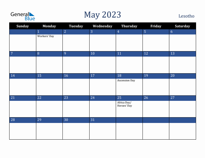 May 2023 Lesotho Calendar (Sunday Start)