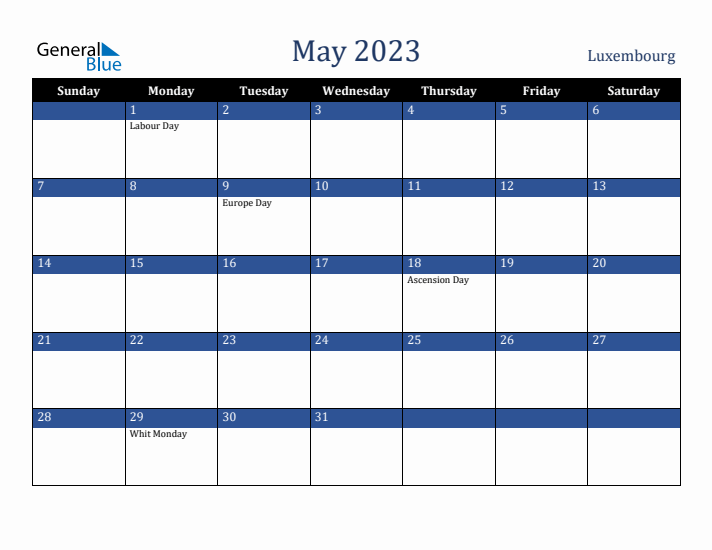 May 2023 Luxembourg Calendar (Sunday Start)