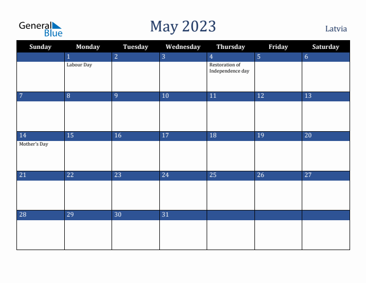 May 2023 Latvia Calendar (Sunday Start)