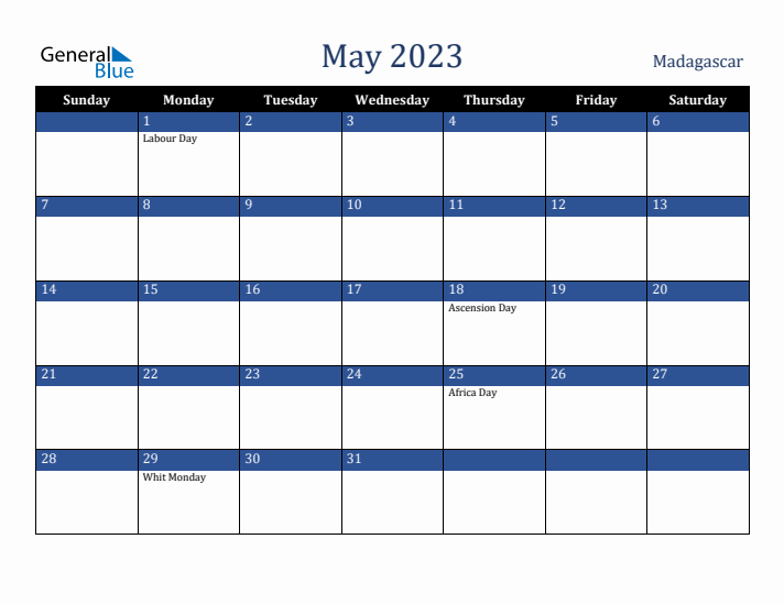 May 2023 Madagascar Calendar (Sunday Start)
