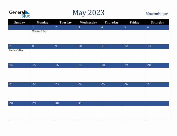 May 2023 Mozambique Calendar (Sunday Start)