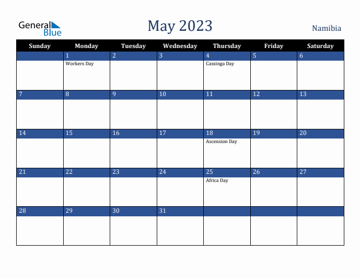 May 2023 Namibia Calendar (Sunday Start)