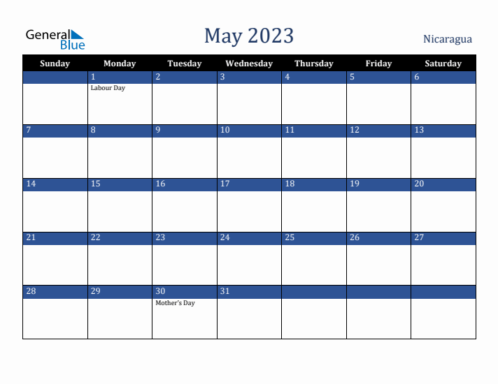May 2023 Nicaragua Calendar (Sunday Start)