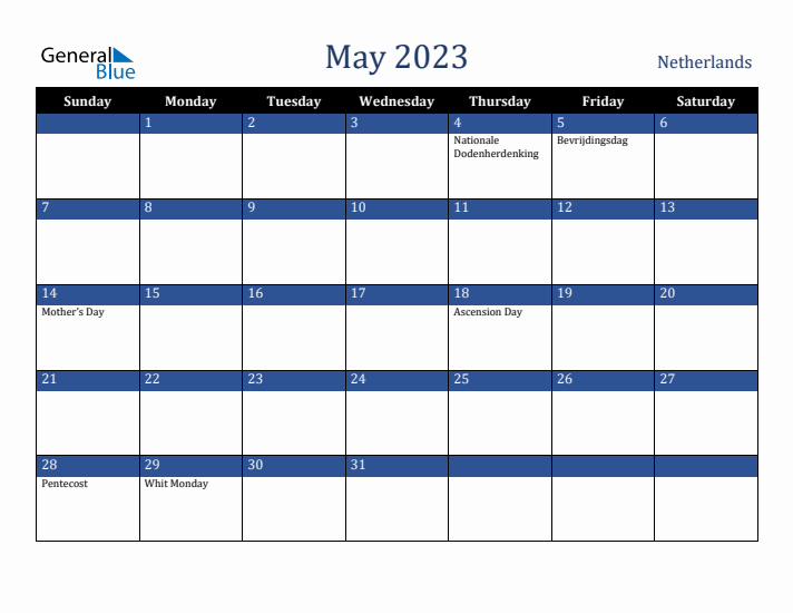 May 2023 The Netherlands Calendar (Sunday Start)