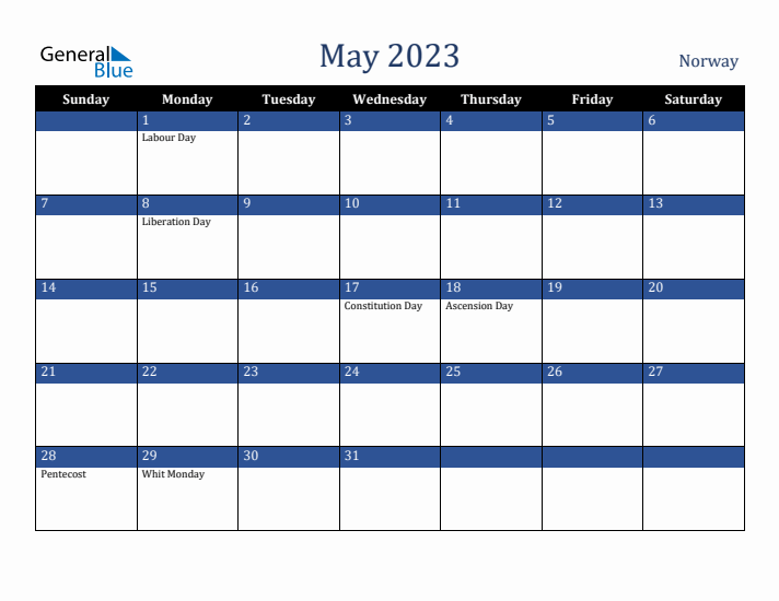 May 2023 Norway Calendar (Sunday Start)