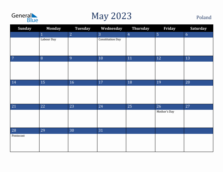 May 2023 Poland Calendar (Sunday Start)