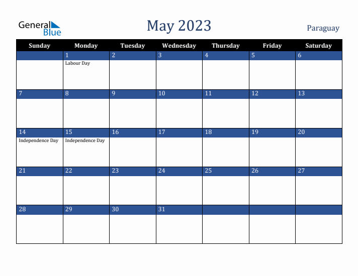 May 2023 Paraguay Calendar (Sunday Start)