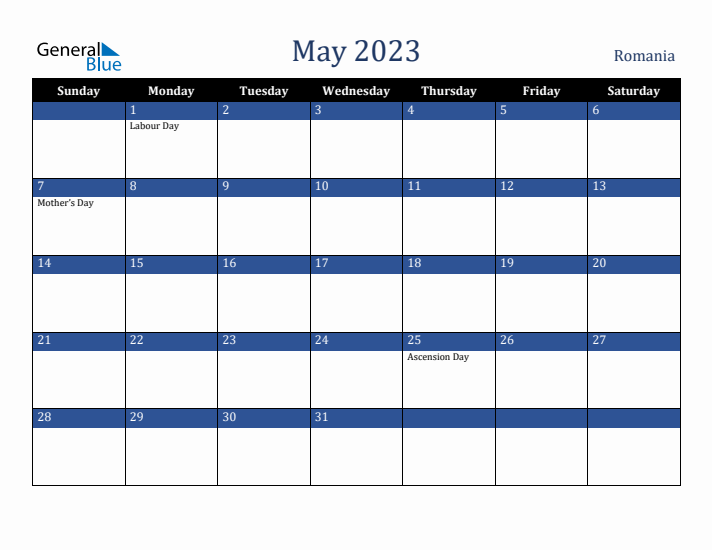 May 2023 Romania Calendar (Sunday Start)