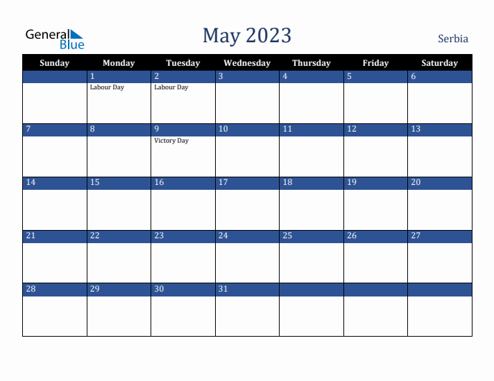May 2023 Serbia Calendar (Sunday Start)