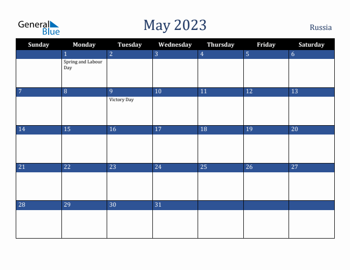 May 2023 Russia Calendar (Sunday Start)