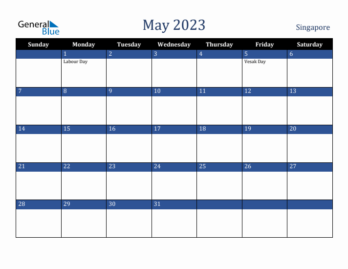 May 2023 Singapore Calendar (Sunday Start)