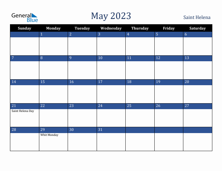 May 2023 Saint Helena Calendar (Sunday Start)