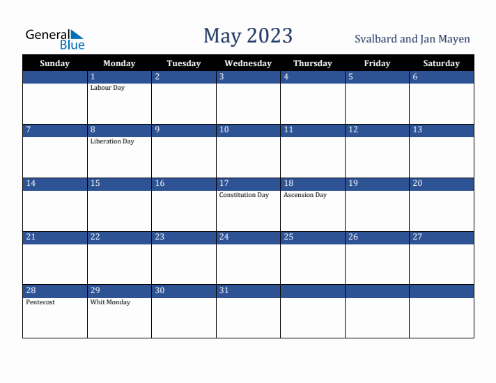 May 2023 Svalbard and Jan Mayen Calendar (Sunday Start)