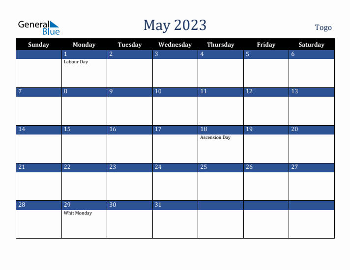 May 2023 Togo Calendar (Sunday Start)