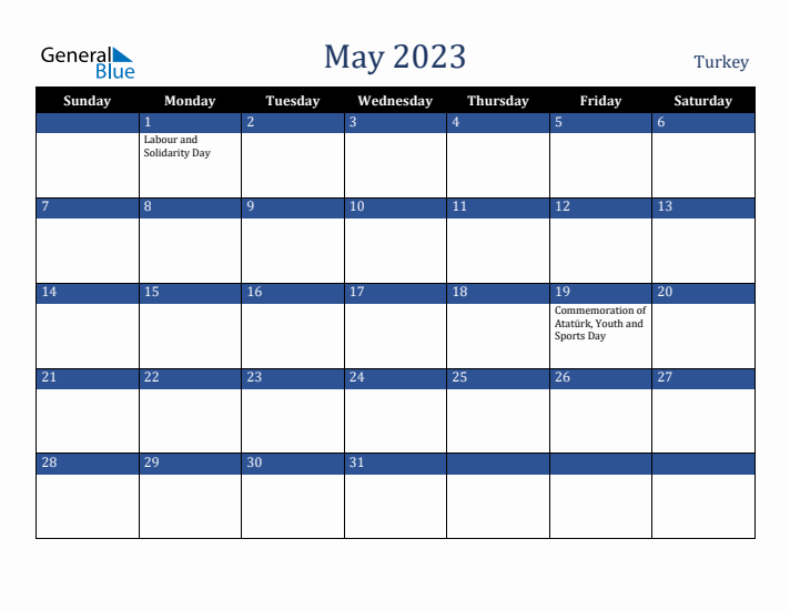 May 2023 Turkey Calendar (Sunday Start)