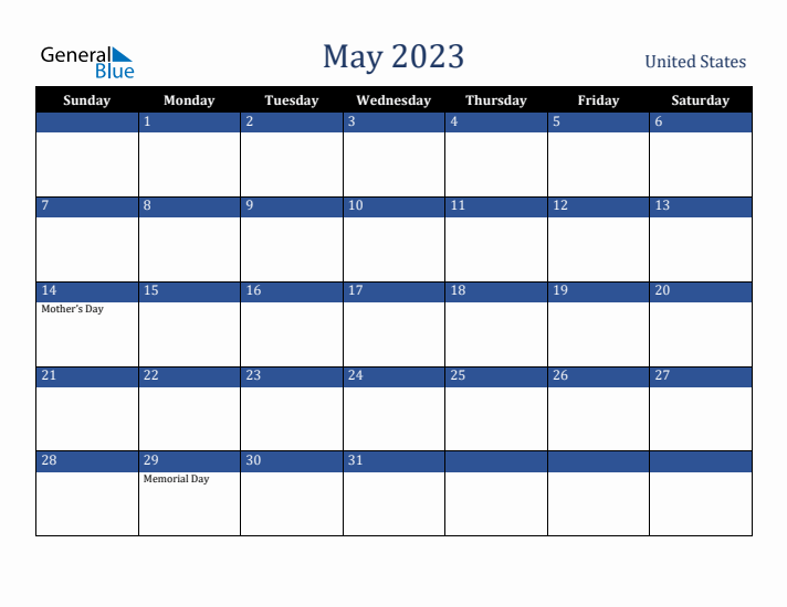May 2023 United States Calendar (Sunday Start)