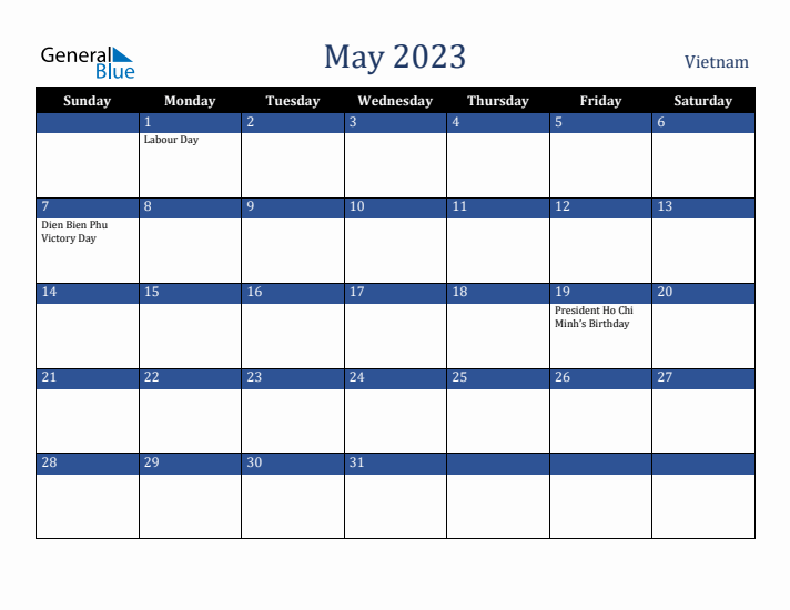 May 2023 Vietnam Calendar (Sunday Start)