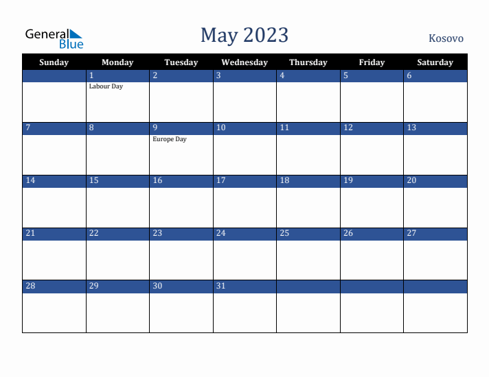 May 2023 Kosovo Calendar (Sunday Start)