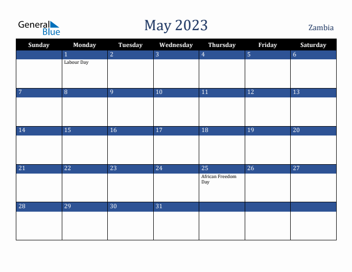 May 2023 Zambia Calendar (Sunday Start)