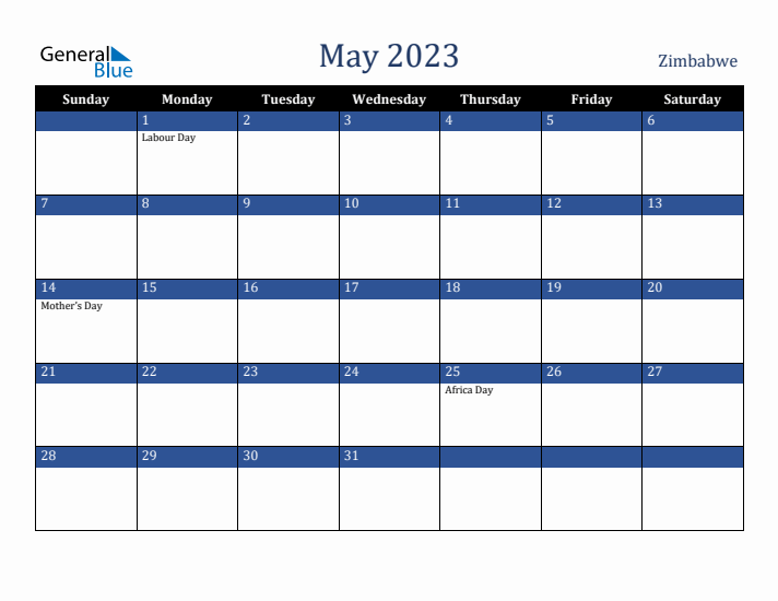 May 2023 Zimbabwe Calendar (Sunday Start)