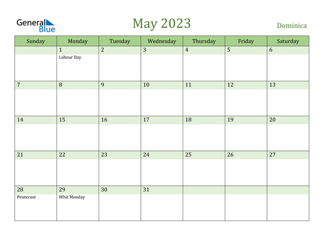 May 2023 Calendar with Dominica Holidays