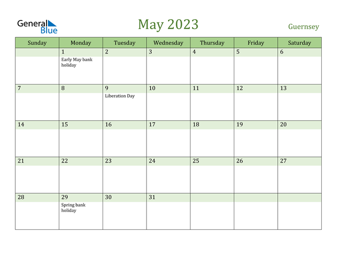 Guernsey May 2023 Calendar with Holidays