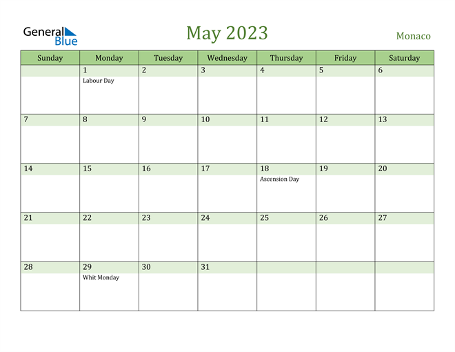 May 2023 Calendar with Monaco Holidays