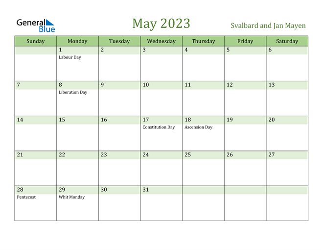 Svalbard And Jan Mayen May 2023 Calendar With Holidays