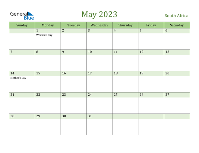 May 2023 Calendar with South Africa Holidays