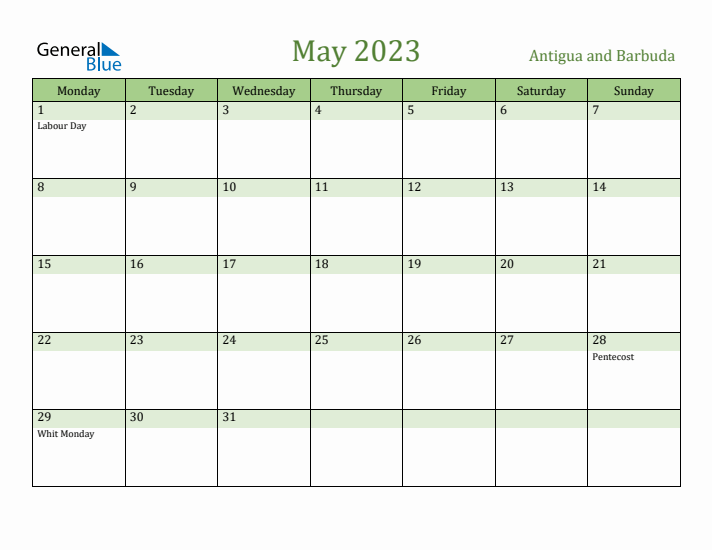May 2023 Calendar with Antigua and Barbuda Holidays