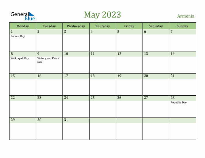 May 2023 Calendar with Armenia Holidays