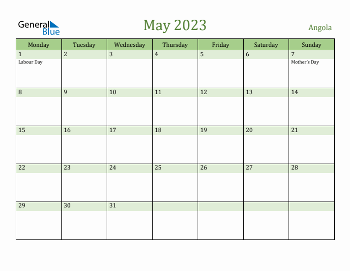 May 2023 Calendar with Angola Holidays