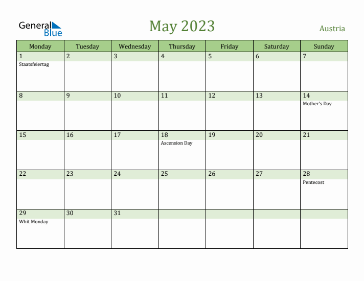 May 2023 Calendar with Austria Holidays