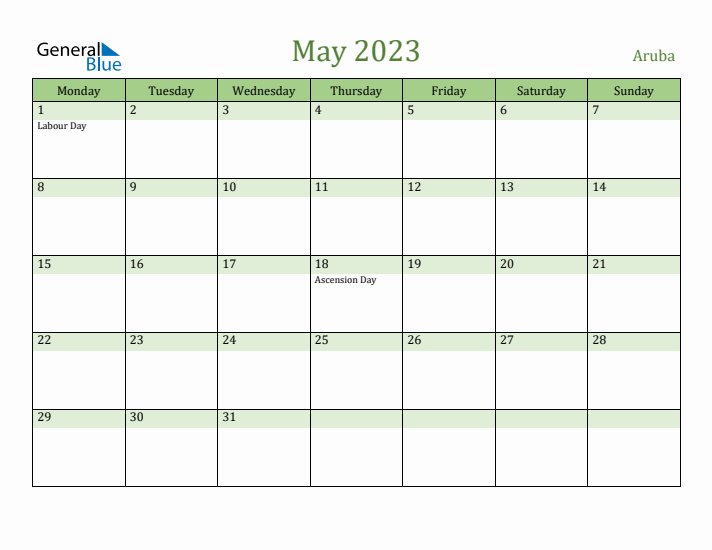 May 2023 Calendar with Aruba Holidays