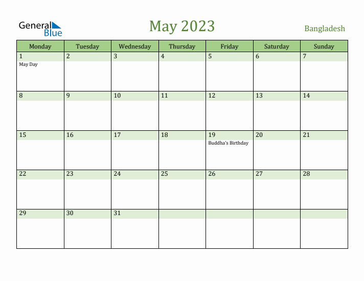 May 2023 Calendar with Bangladesh Holidays