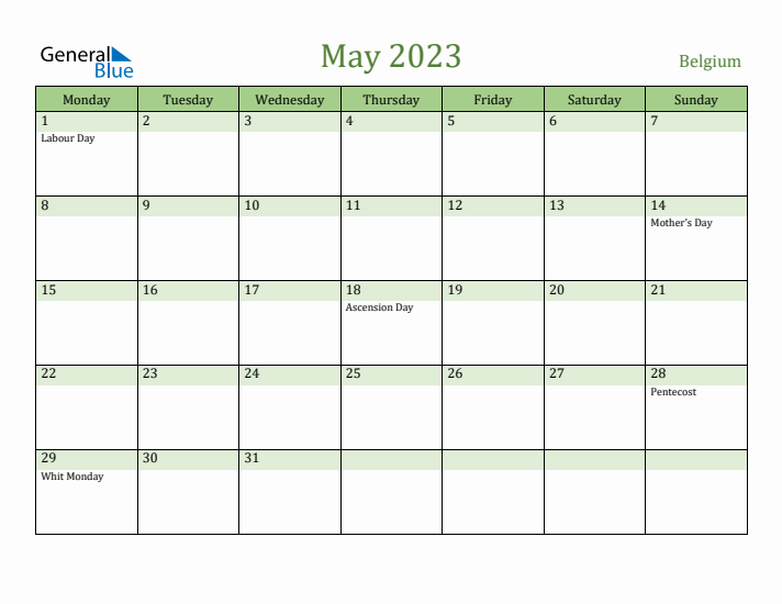 May 2023 Calendar with Belgium Holidays