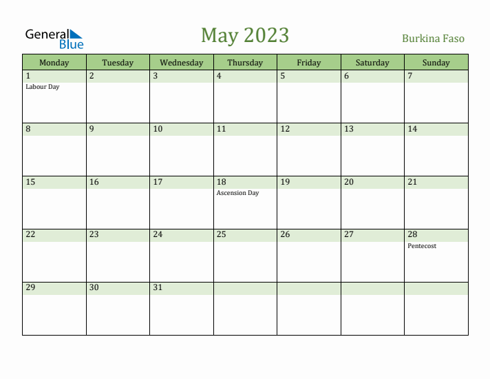 May 2023 Calendar with Burkina Faso Holidays