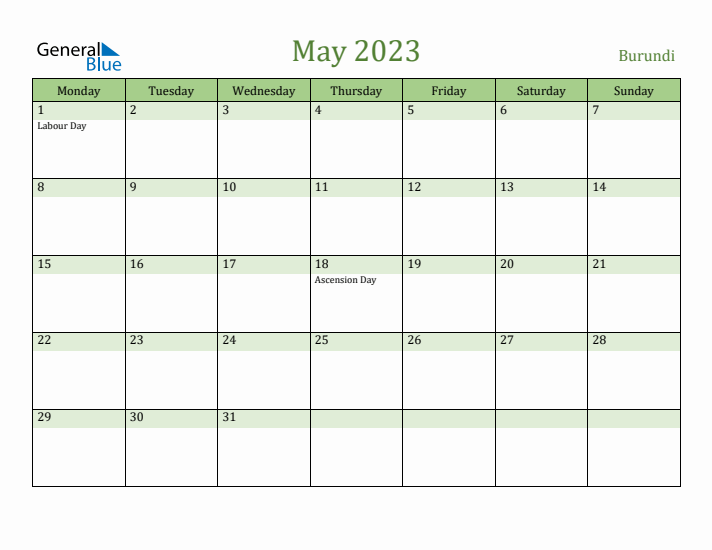 May 2023 Calendar with Burundi Holidays