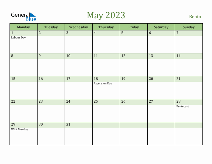 May 2023 Calendar with Benin Holidays