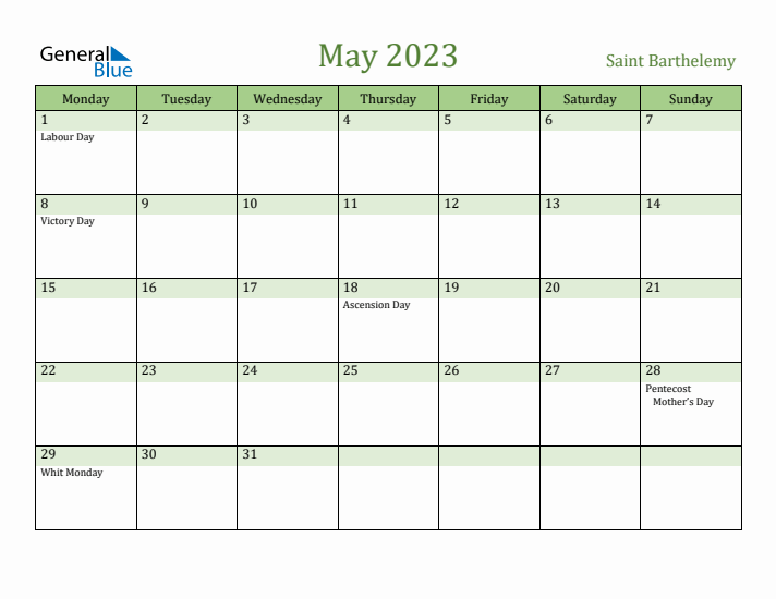 May 2023 Calendar with Saint Barthelemy Holidays