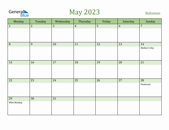 May 2023 Calendar with Bahamas Holidays