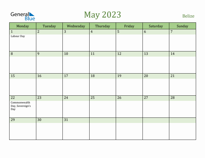 May 2023 Calendar with Belize Holidays