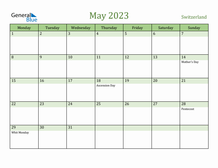 May 2023 Calendar with Switzerland Holidays