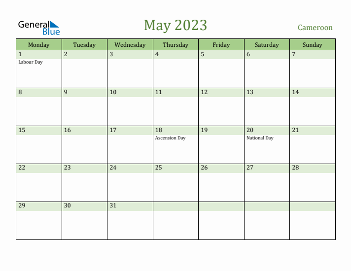May 2023 Calendar with Cameroon Holidays